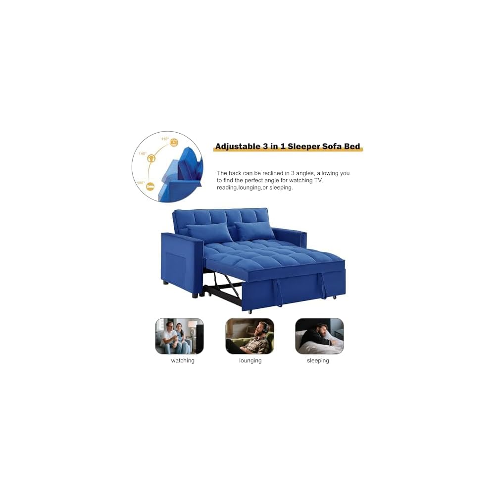NicBex Sleeper Sofa Bed with Adjustable Backrest & Side Pockets, Blue