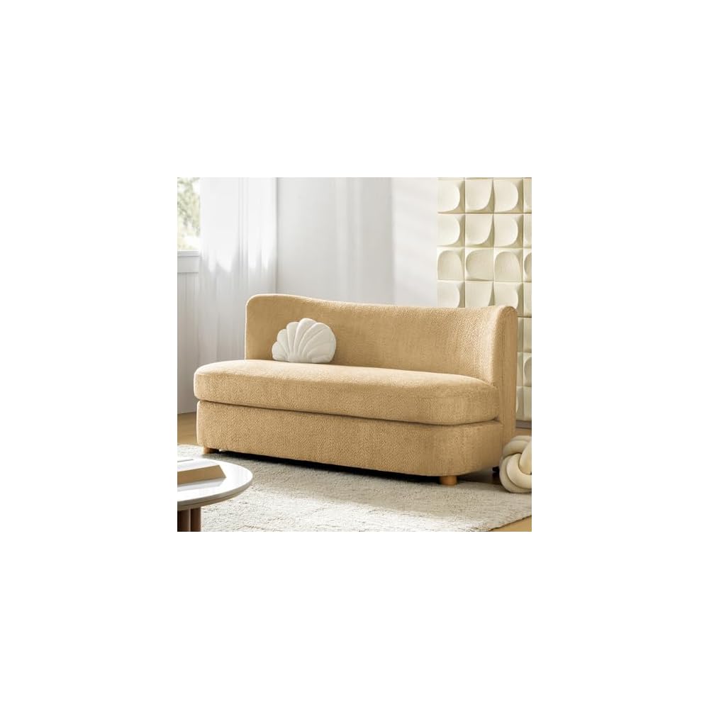 HULALA HOME 63" Loveseat Sofa, Modern Love Seat Sofa Couch for Living Room, Comfy Upholstered 2-Seater Small Couch with Wood Legs, Curved Backrest, Camel