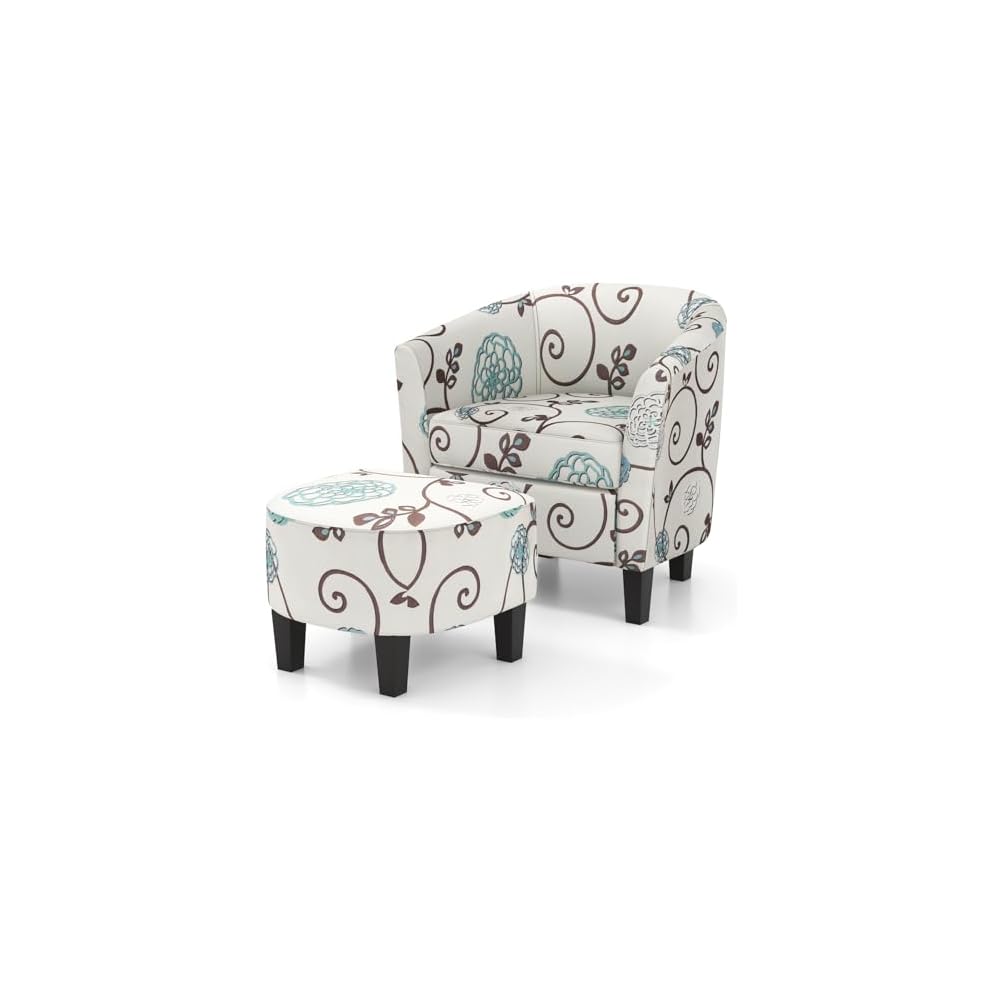 Giantex Small Accent Chair with Ottoman Set, Upholstered Barrel Chair with Footrest, Modern Accent Armchair with Ottoman, Round Club Chair for Living Room, Small Space, Bedroom (Blue Flower)