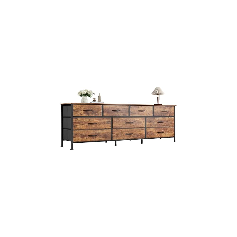 Huuger 63 Inch Dresser for Bedroom, Long Dresser with 10 Fabric Drawers, TV Stand for 55, 65, 70 Inch TV, Toy Storage Organizer for Closet, Rustic Brown