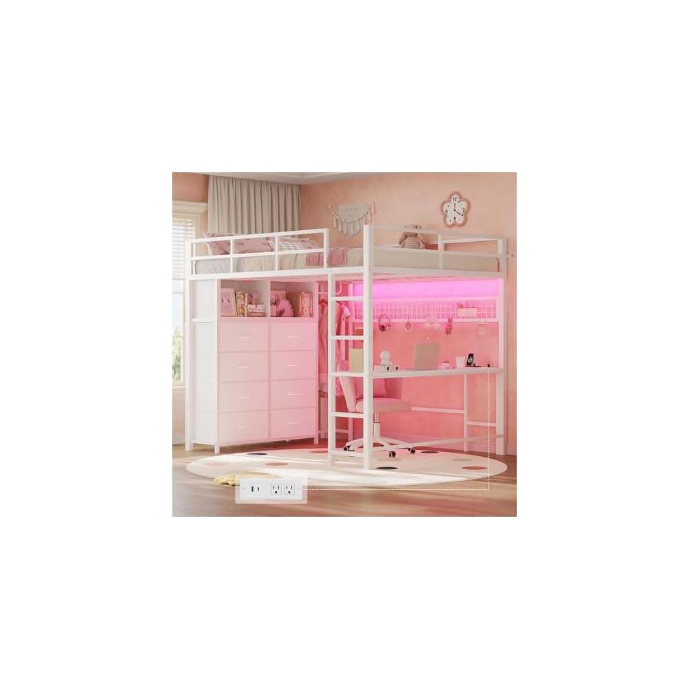 ADORNEVE Loft Bed Full Size with Desk and 8 Storage Drawers, White