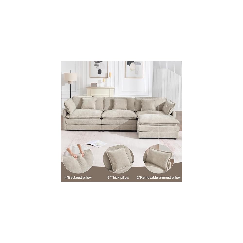 KIVENJAJA 111.5" Chenille L-Shaped Modular Sectional Sofa, Light Camel