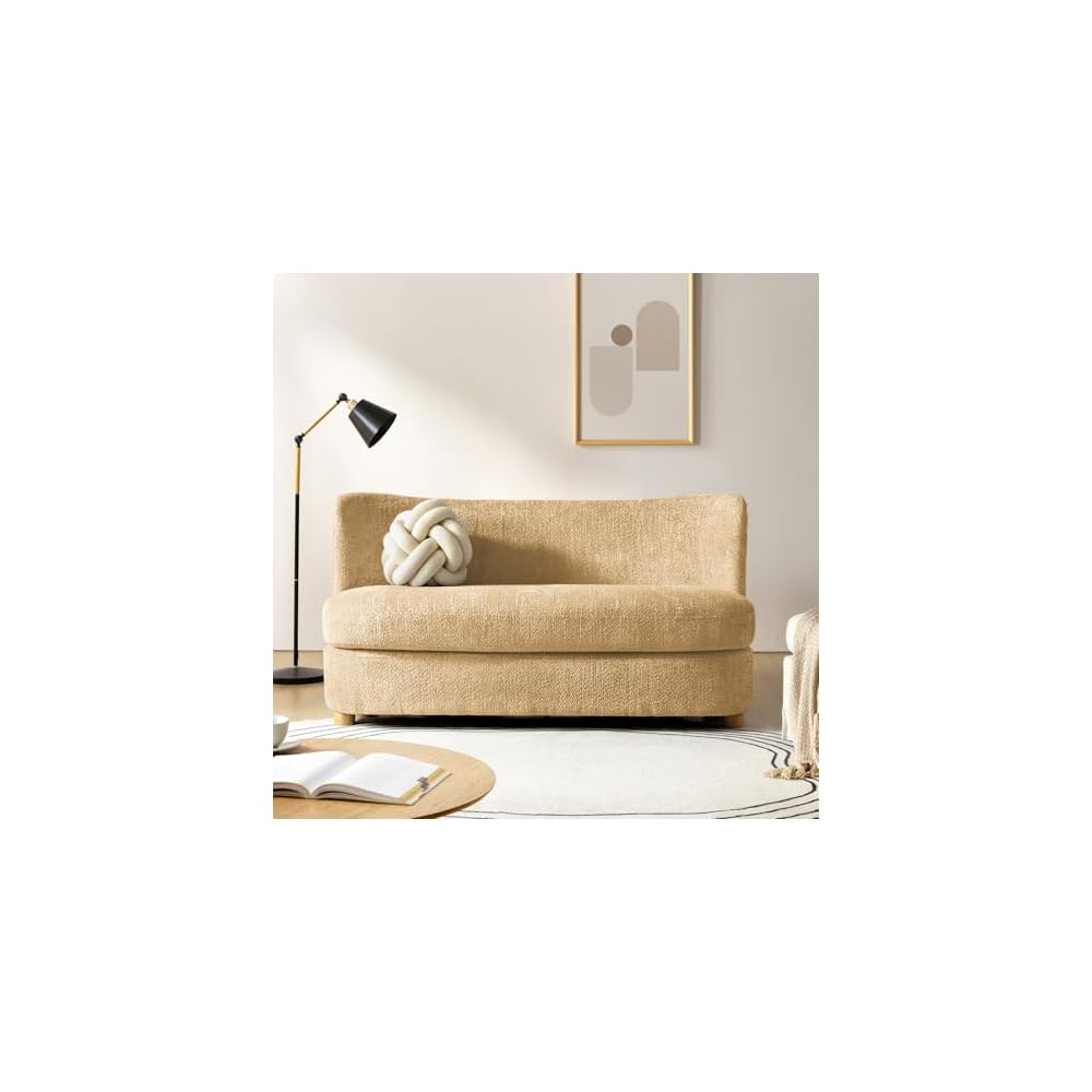 HULALA HOME 63" Loveseat Sofa, Modern Love Seat Sofa Couch for Living Room, Comfy Upholstered 2-Seater Small Couch with Wood Legs, Curved Backrest, Camel