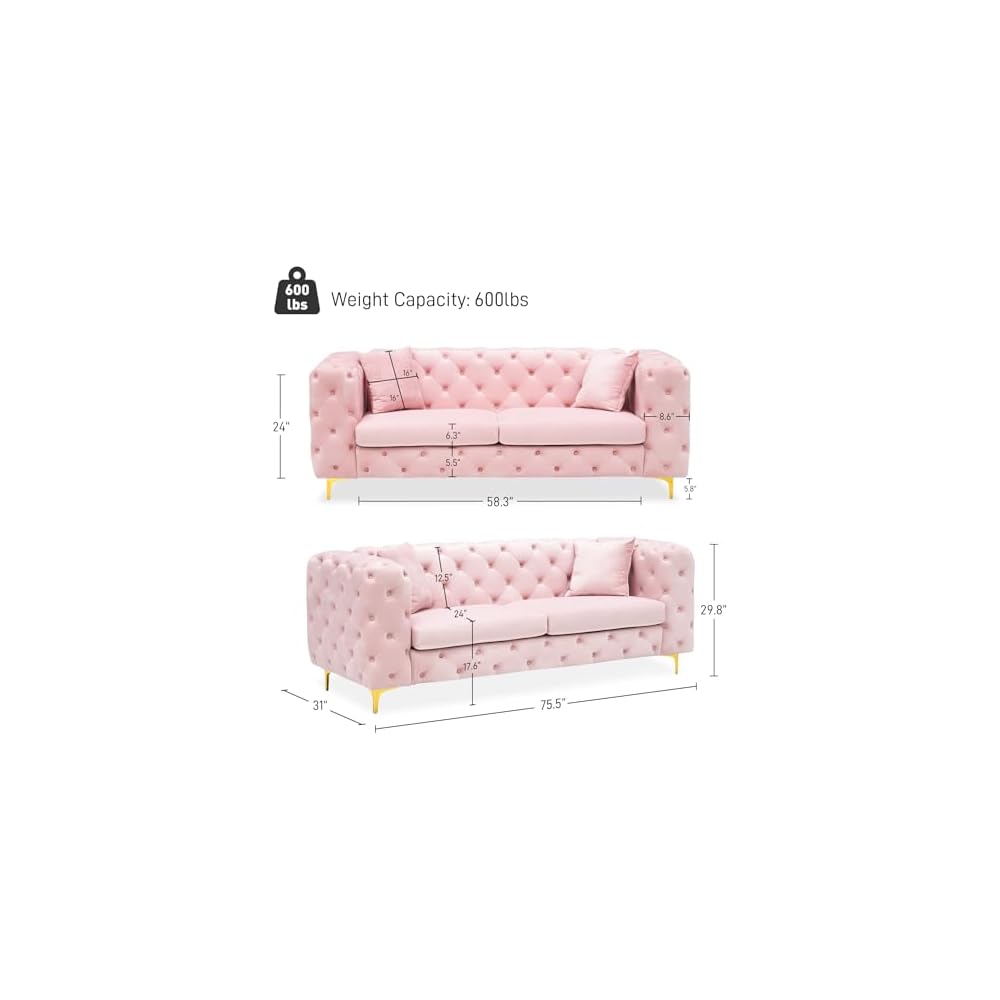 75" Mid Century Modern Velvet Sofa with Tufted Back, Gold Metal Legs, Pink