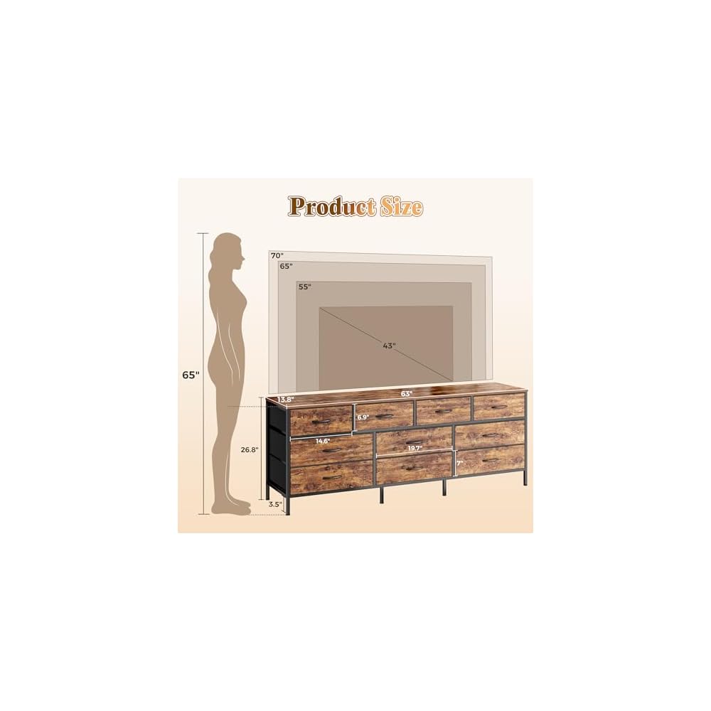 Huuger 63 Inch Dresser for Bedroom, Long Dresser with 10 Fabric Drawers, TV Stand for 55, 65, 70 Inch TV, Toy Storage Organizer for Closet, Rustic Brown