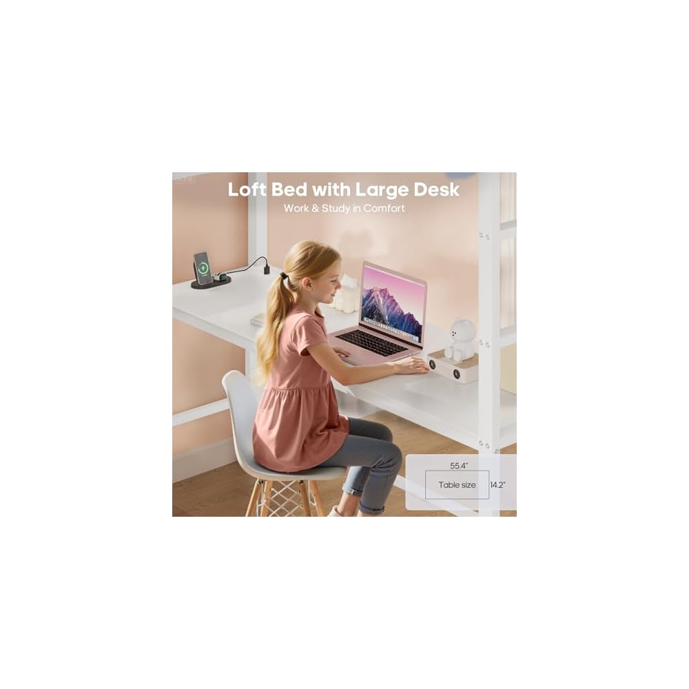 ADORNEVE Loft Bed Full Size with Desk and 8 Storage Drawers, White