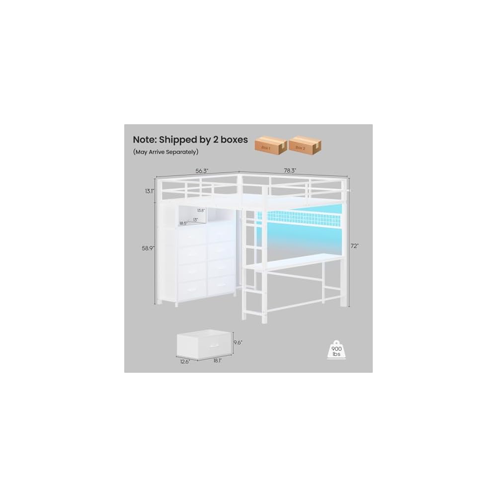 ADORNEVE Loft Bed Full Size with Desk and 8 Storage Drawers, White