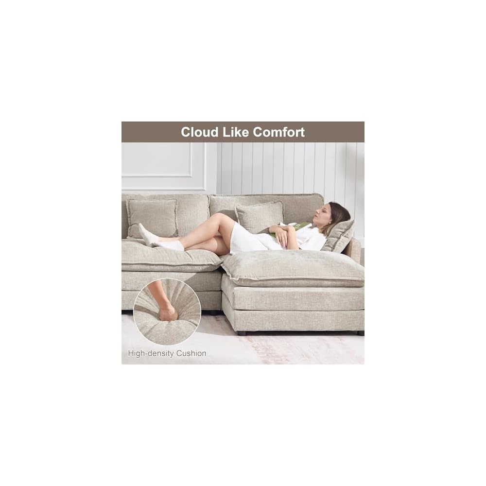 KIVENJAJA 111.5" Chenille L-Shaped Modular Sectional Sofa, Light Camel