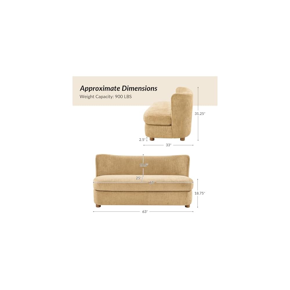 HULALA HOME 63" Loveseat Sofa, Modern Love Seat Sofa Couch for Living Room, Comfy Upholstered 2-Seater Small Couch with Wood Legs, Curved Backrest, Camel