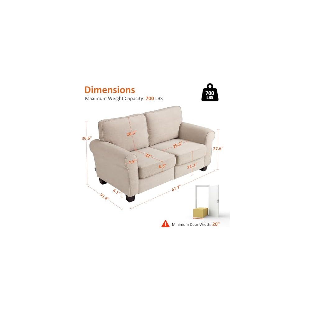 MCombo 67.7" Loveseat Sofa, 2-Seater Small Couch for Small Spaces, Classic Rolled Arm Upholstered Sofa with Solid Wood Legs for Living Room, Removable Cover, Chenille Fabric VE730 (Beige)
