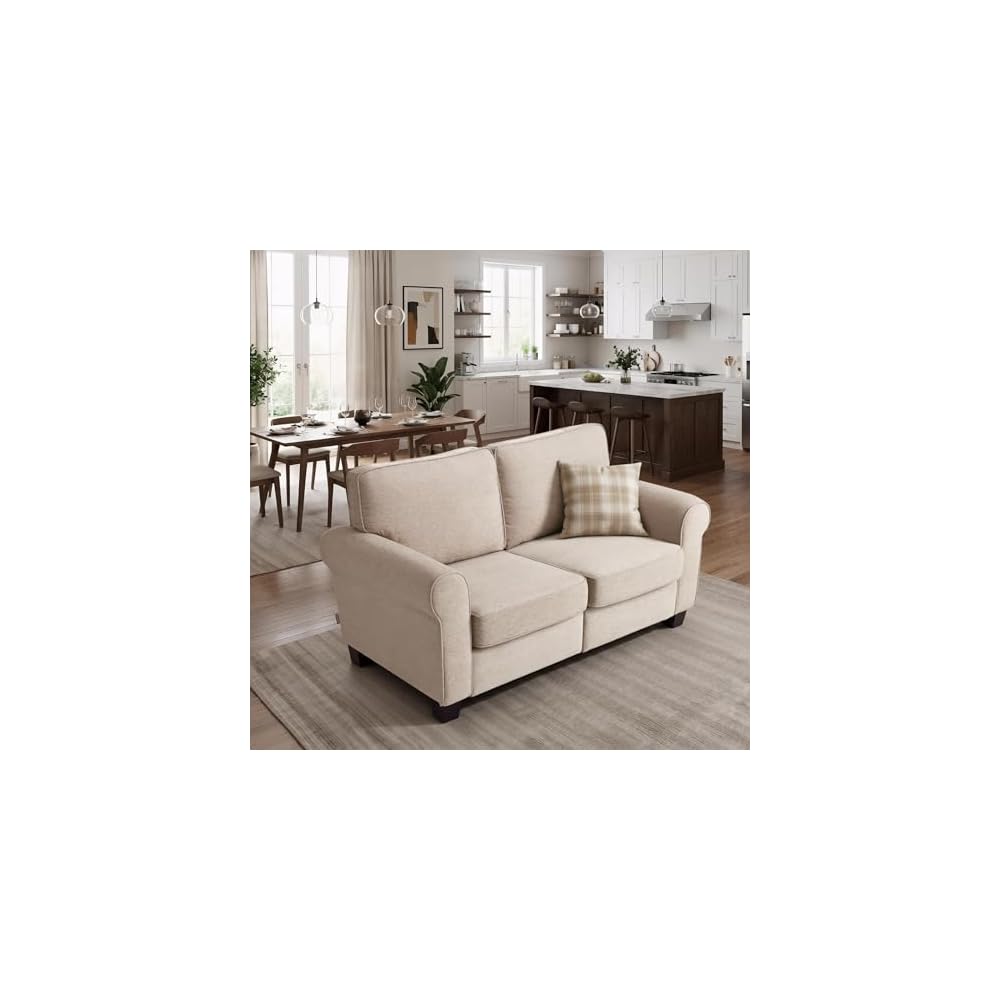 MCombo 67.7" Loveseat Sofa, 2-Seater Small Couch for Small Spaces, Classic Rolled Arm Upholstered Sofa with Solid Wood Legs for Living Room, Removable Cover, Chenille Fabric VE730 (Beige)