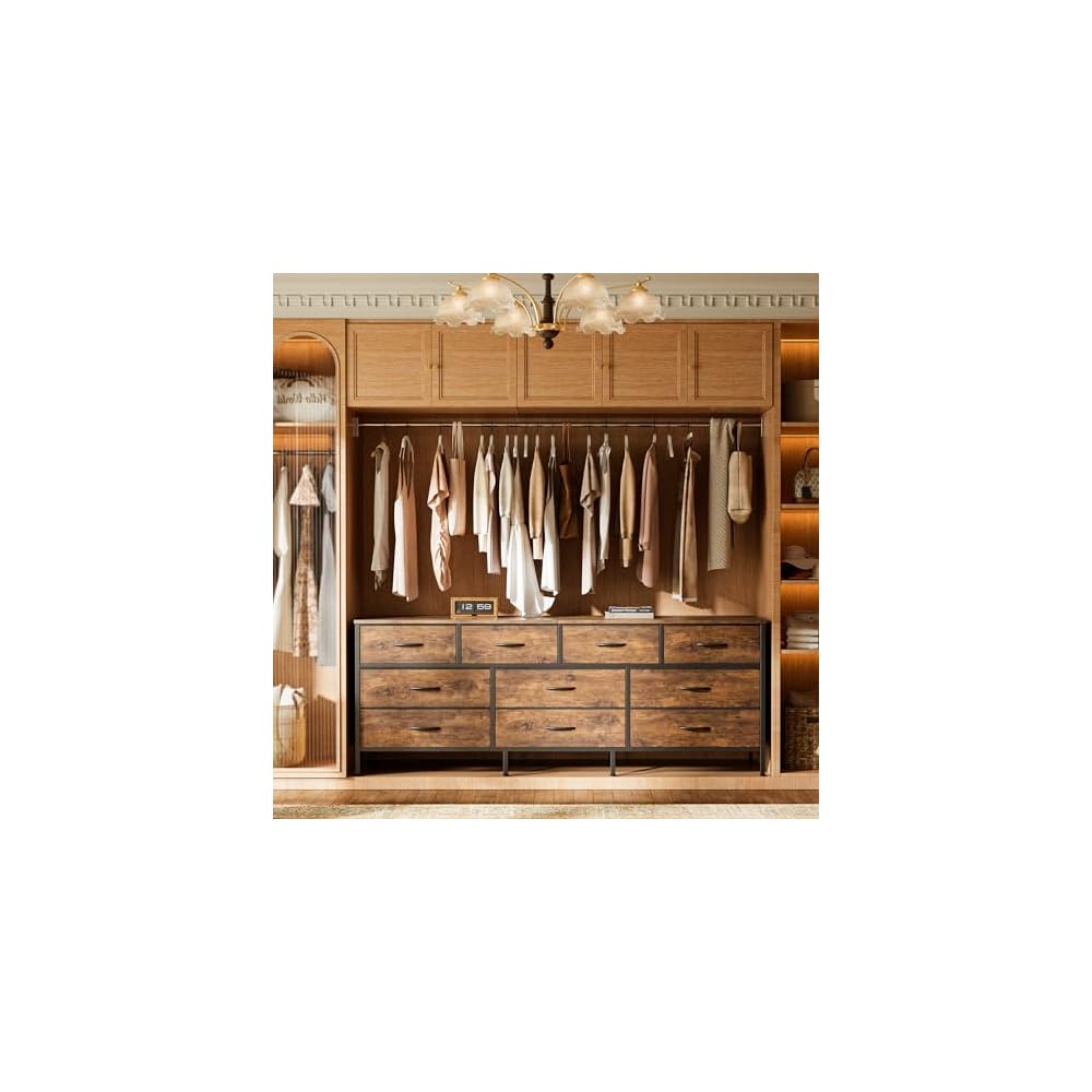 Huuger 63 Inch Dresser for Bedroom, Long Dresser with 10 Fabric Drawers, TV Stand for 55, 65, 70 Inch TV, Toy Storage Organizer for Closet, Rustic Brown