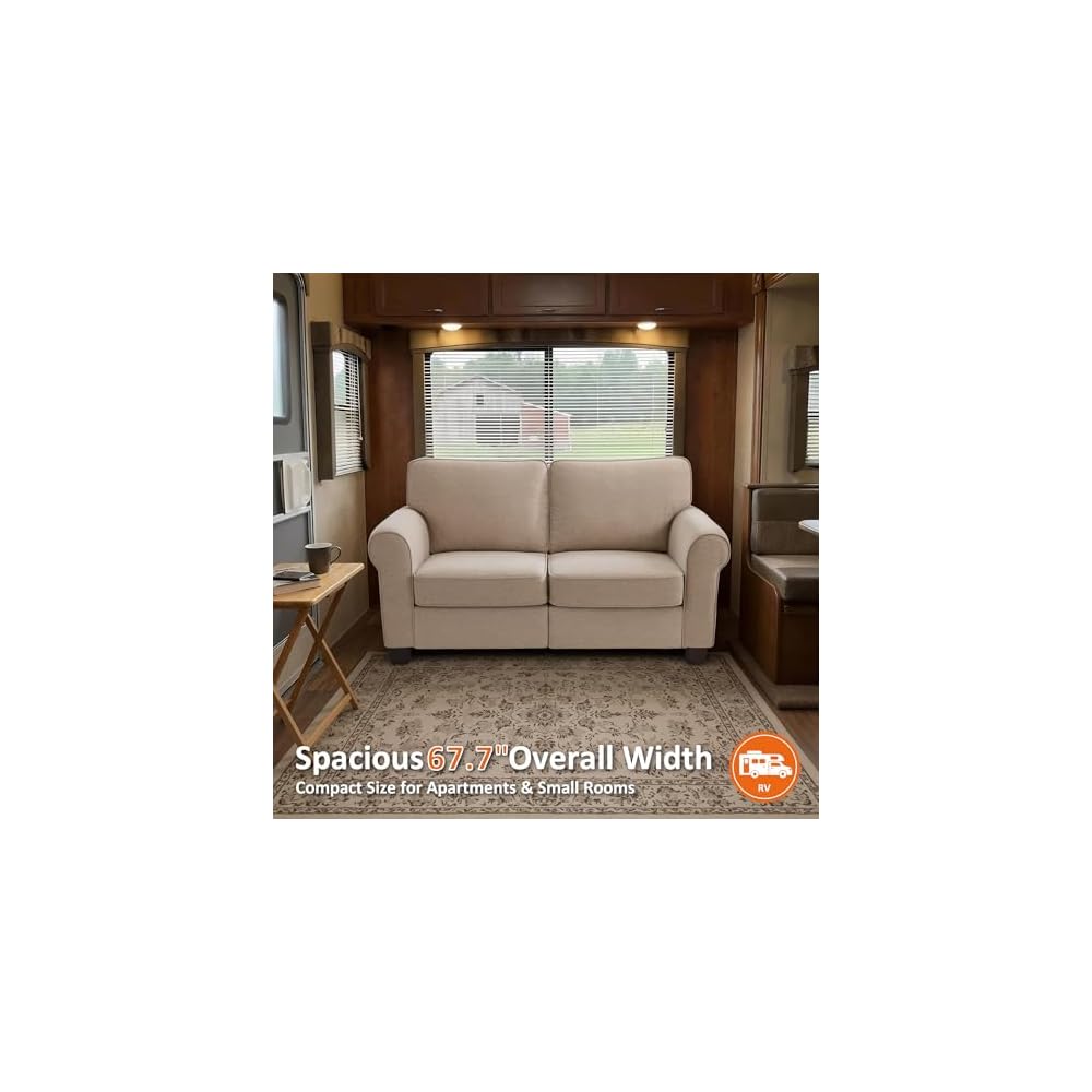 MCombo 67.7" Loveseat Sofa, 2-Seater Small Couch for Small Spaces, Classic Rolled Arm Upholstered Sofa with Solid Wood Legs for Living Room, Removable Cover, Chenille Fabric VE730 (Beige)
