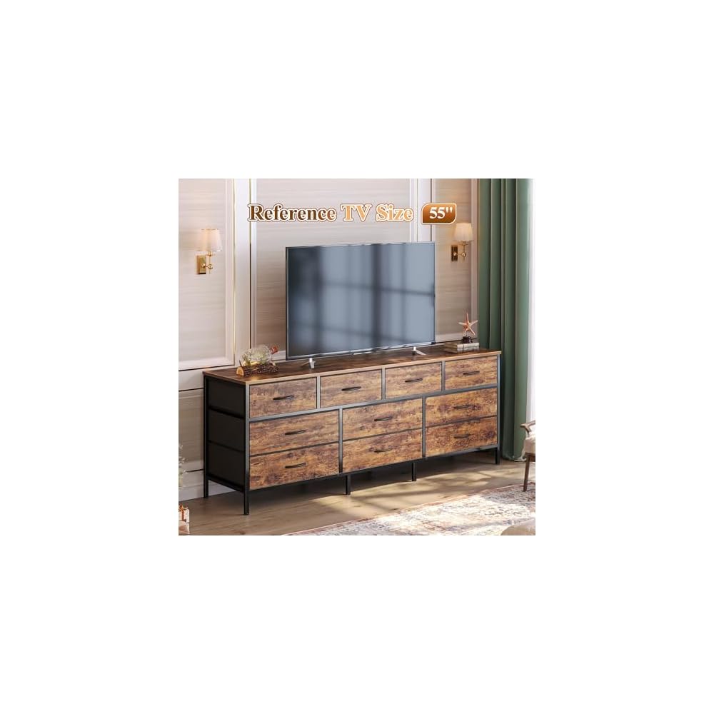 Huuger 63 Inch Dresser for Bedroom, Long Dresser with 10 Fabric Drawers, TV Stand for 55, 65, 70 Inch TV, Toy Storage Organizer for Closet, Rustic Brown