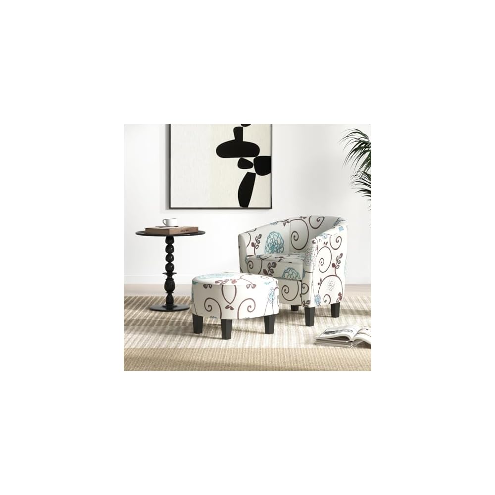 Giantex Small Accent Chair with Ottoman Set, Upholstered Barrel Chair with Footrest, Modern Accent Armchair with Ottoman, Round Club Chair for Living Room, Small Space, Bedroom (Blue Flower)