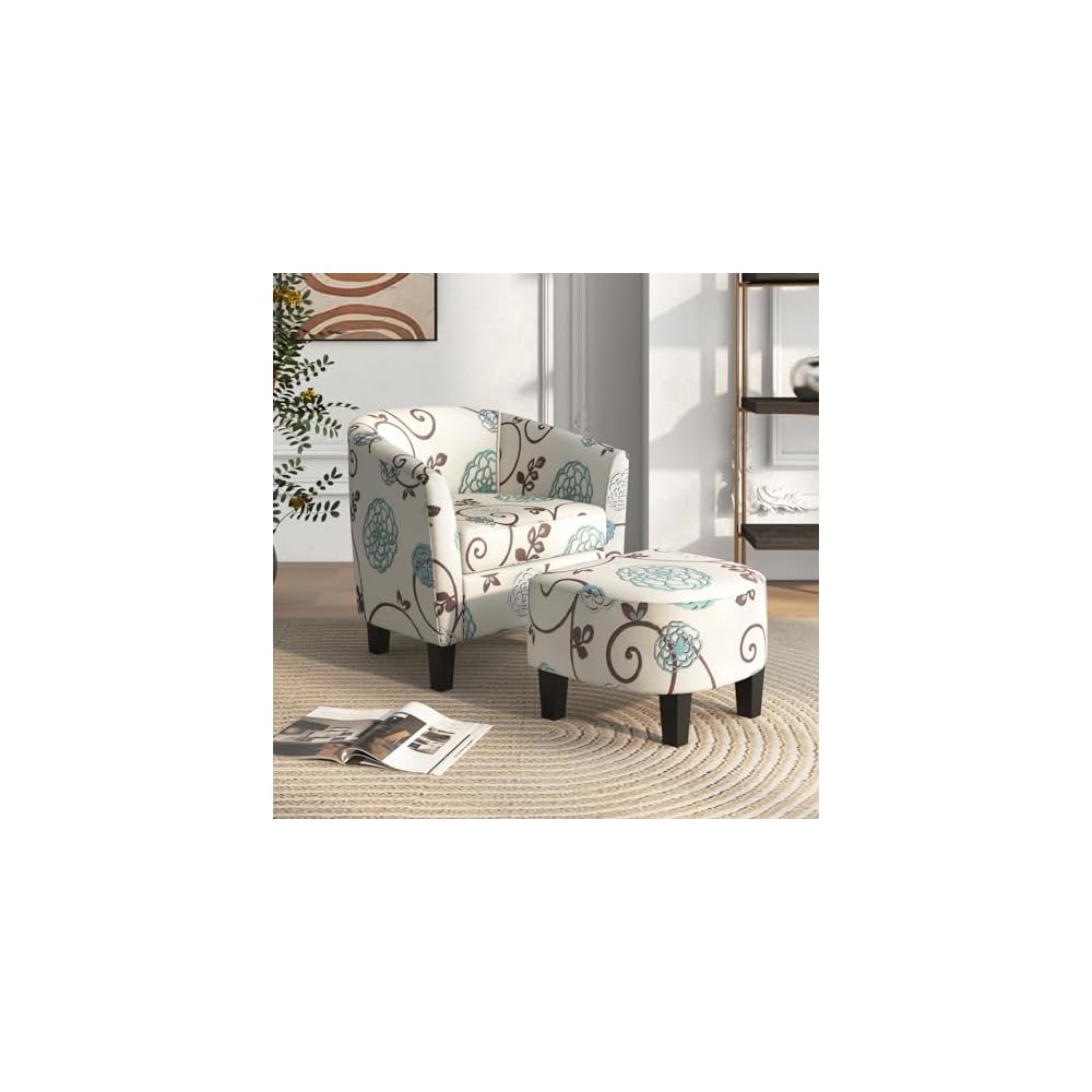 Giantex Small Accent Chair with Ottoman Set, Upholstered Barrel Chair with Footrest, Modern Accent Armchair with Ottoman, Round Club Chair for Living Room, Small Space, Bedroom (Blue Flower)