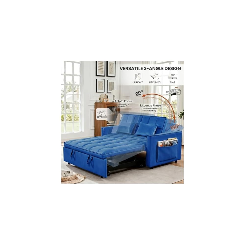 NicBex Sleeper Sofa Bed with Adjustable Backrest & Side Pockets, Blue