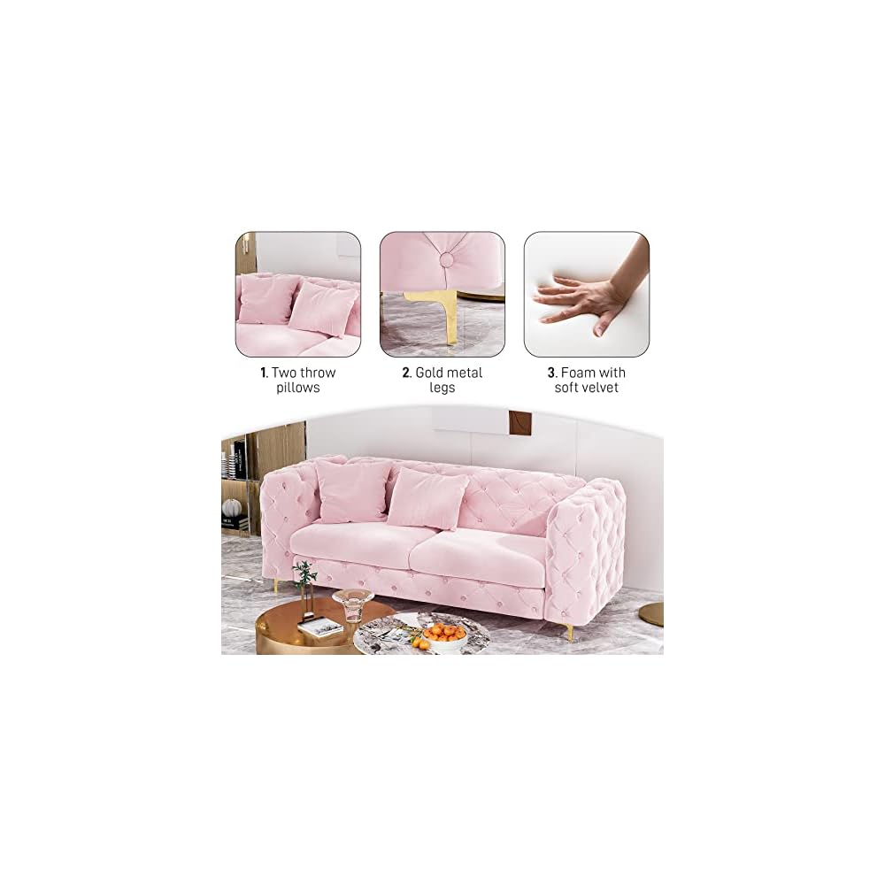 75" Mid Century Modern Velvet Sofa with Tufted Back, Gold Metal Legs, Pink