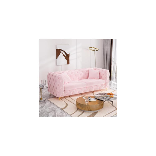 75" Mid Century Modern Velvet Sofa with Tufted Back, Gold Metal Legs, Pink