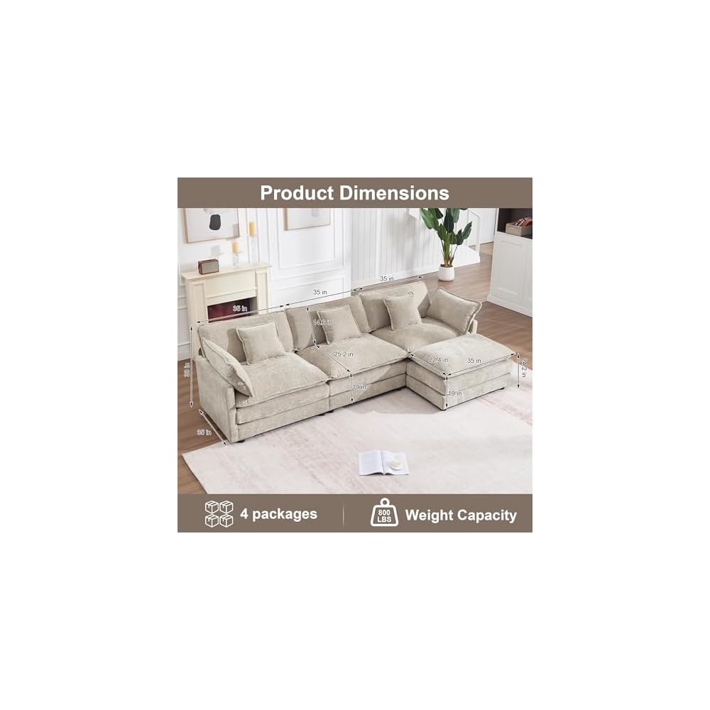KIVENJAJA 111.5" Chenille L-Shaped Modular Sectional Sofa, Light Camel