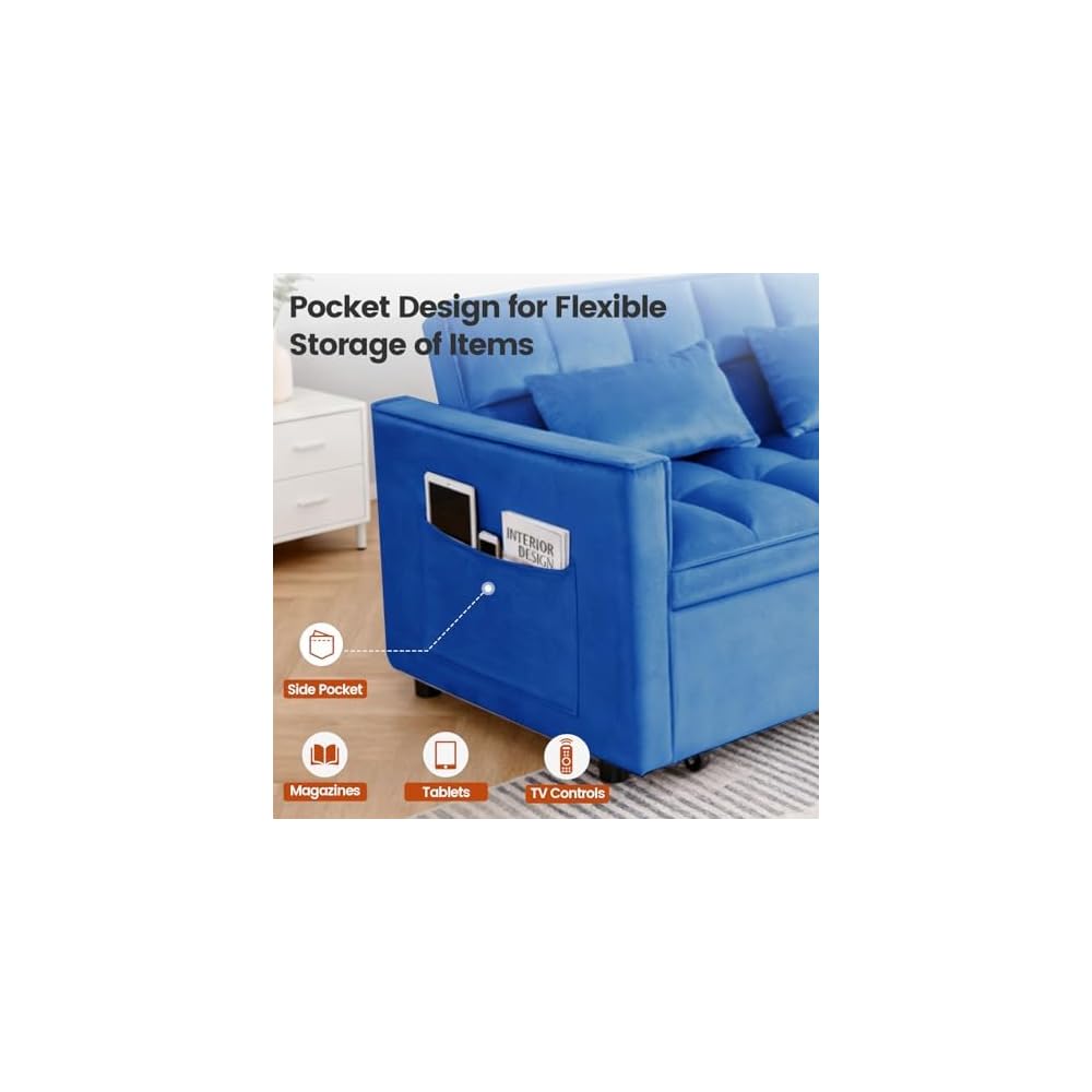 NicBex Sleeper Sofa Bed with Adjustable Backrest & Side Pockets, Blue