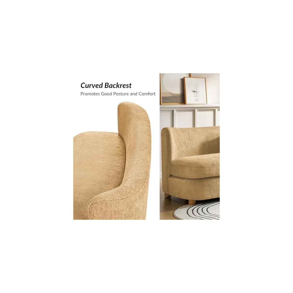 HULALA HOME 63" Loveseat Sofa, Modern Love Seat Sofa Couch for Living Room, Comfy Upholstered 2-Seater Small Couch with Wood Legs, Curved Backrest, Camel