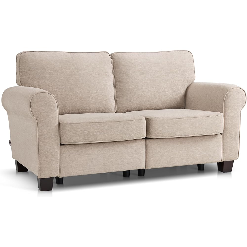 MCombo 67.7" Loveseat Sofa, 2-Seater Small Couch for Small Spaces, Classic Rolled Arm Upholstered Sofa with Solid Wood Legs for Living Room, Removable Cover, Chenille Fabric VE730 (Beige)