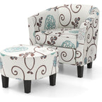 Giantex Small Accent Chair with Ottoman Set, Upholstered Barrel Chair with Footrest, Modern Accent Armchair with Ottoman, Round Club Chair for Living Room, Small Space, Bedroom (Blue Flower)