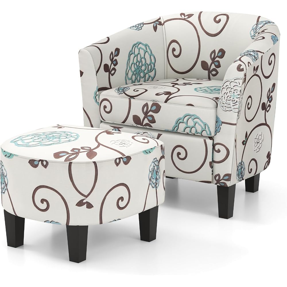 Giantex Small Accent Chair with Ottoman Set, Upholstered Barrel Chair with Footrest, Modern Accent Armchair with Ottoman, Round Club Chair for Living Room, Small Space, Bedroom (Blue Flower)