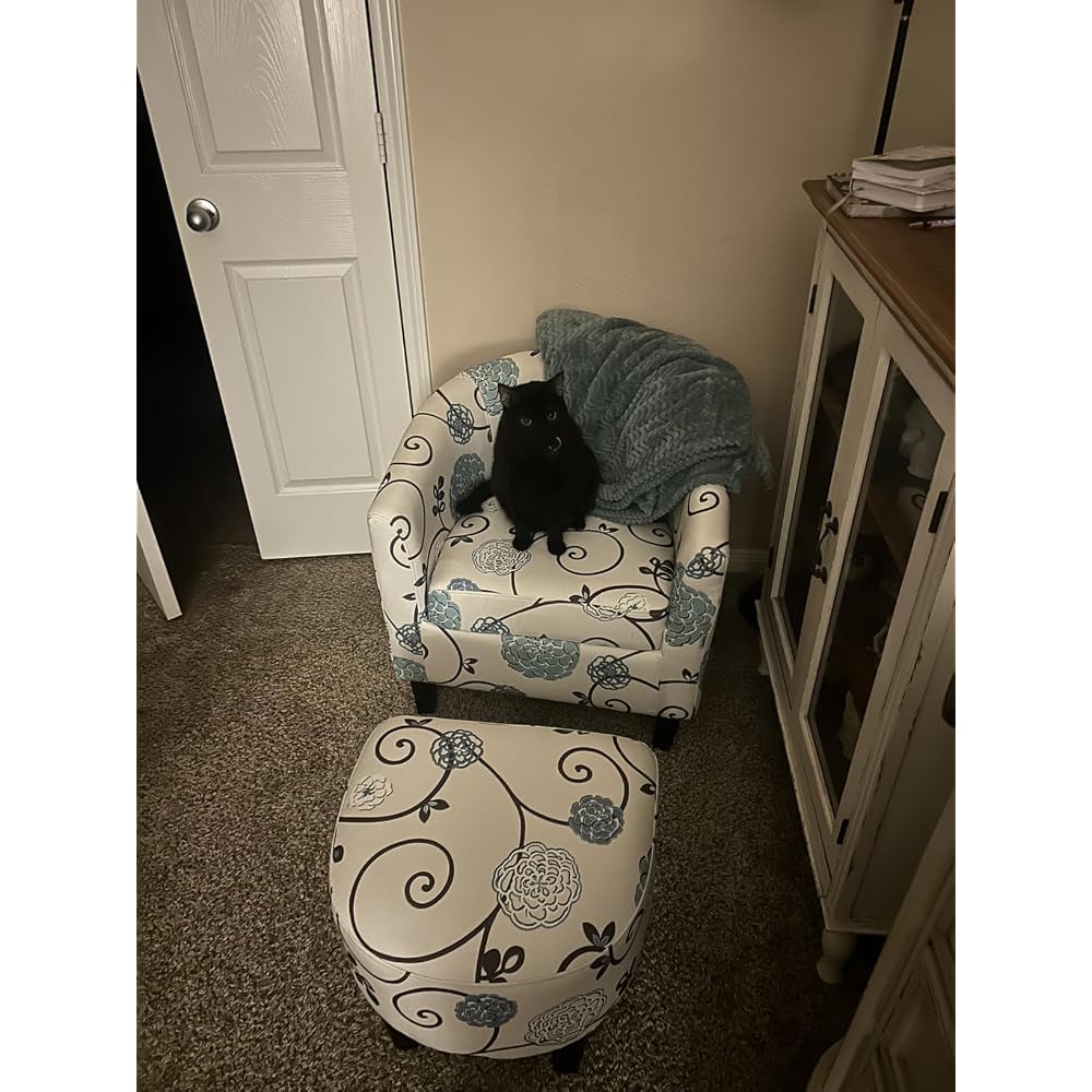Giantex Small Accent Chair with Ottoman Set, Upholstered Barrel Chair with Footrest, Modern Accent Armchair with Ottoman, Round Club Chair for Living Room, Small Space, Bedroom (Blue Flower)