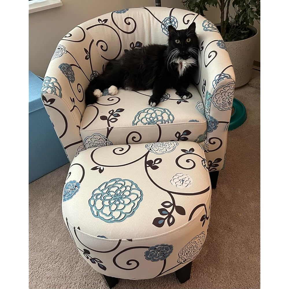 Giantex Small Accent Chair with Ottoman Set, Upholstered Barrel Chair with Footrest, Modern Accent Armchair with Ottoman, Round Club Chair for Living Room, Small Space, Bedroom (Blue Flower)