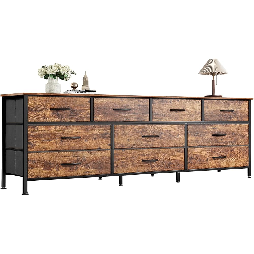 Huuger 63 Inch Dresser for Bedroom, Long Dresser with 10 Fabric Drawers, TV Stand for 55, 65, 70 Inch TV, Toy Storage Organizer for Closet, Rustic Brown