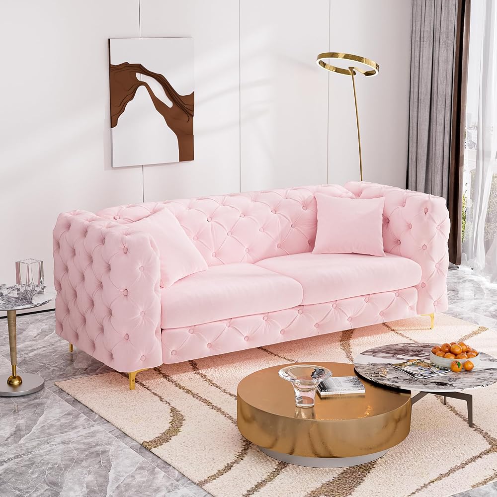 75" Mid Century Modern Velvet Sofa with Tufted Back, Gold Metal Legs, Pink